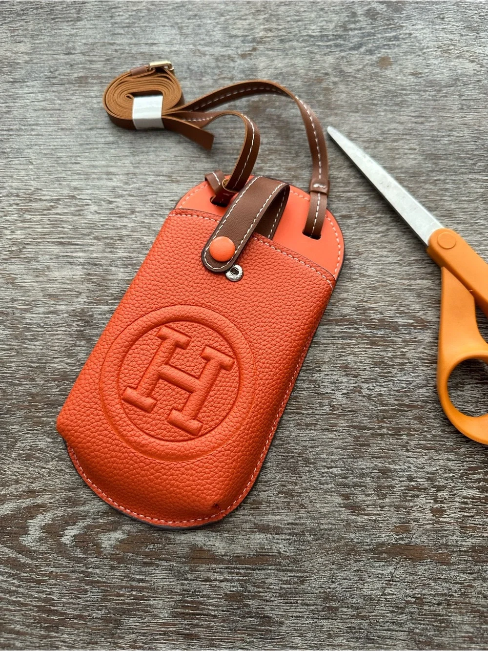 Pebbled Leather Phone Crossbody in Orange